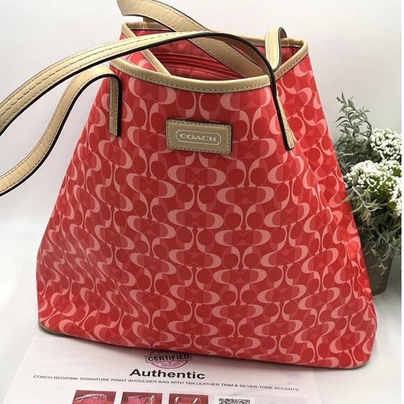 Coach 25673 Authenticated Peyton Park Split Dream Coated Canvas Red Pink Tote - Picture 2 of 13